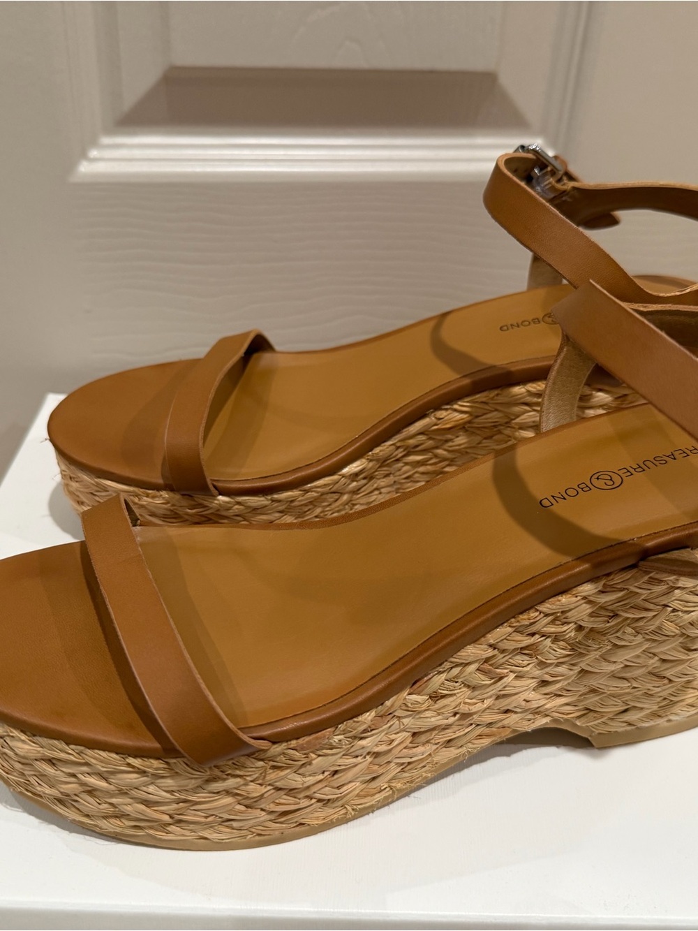 Treasure & Bond Cognac Tan Raffia Woven Platform Wedge Sandals